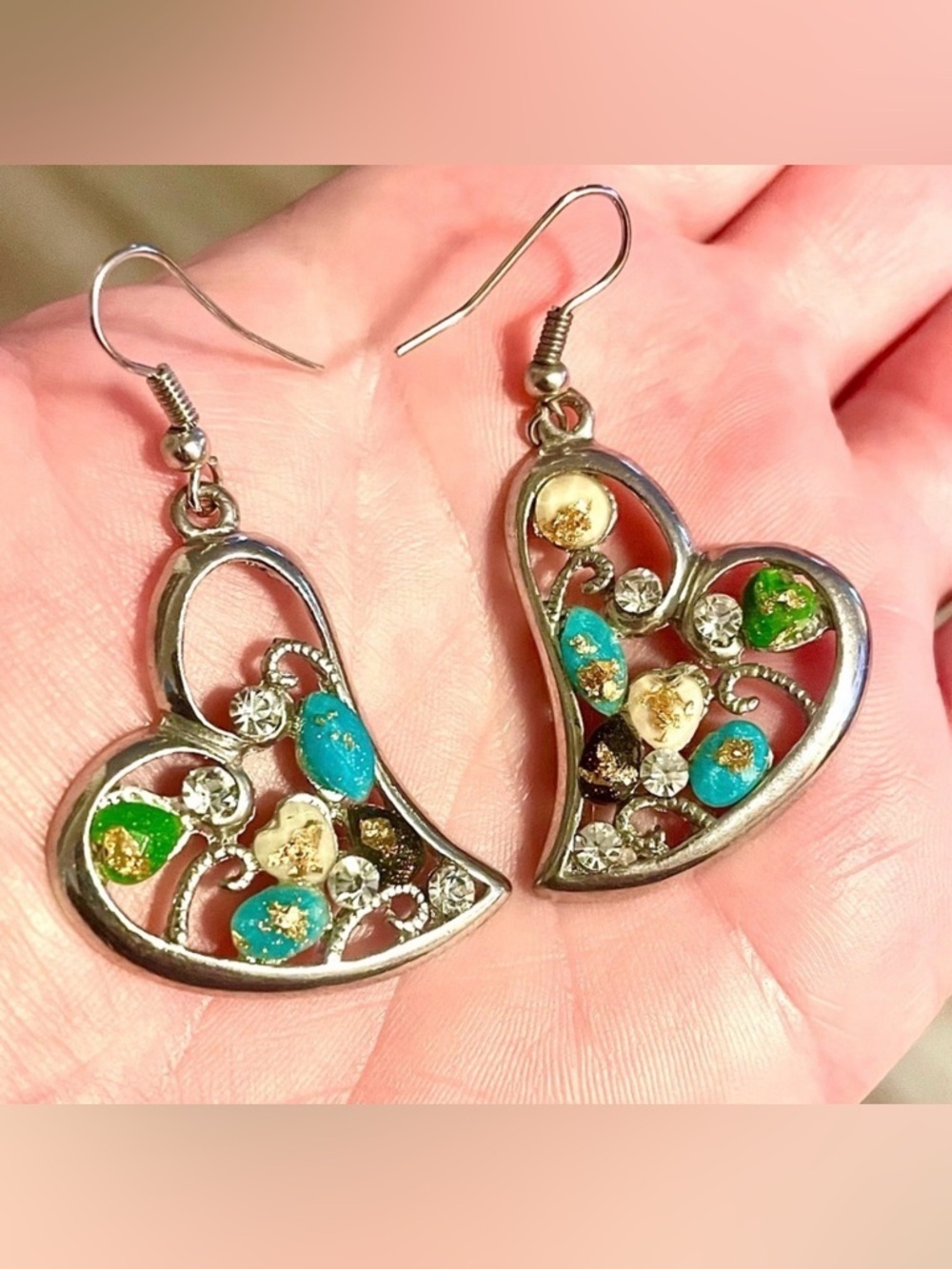 Vintage Heart Drop Earrings Green Turquoise Gold Leaf Rhinestones Enamel Silver
